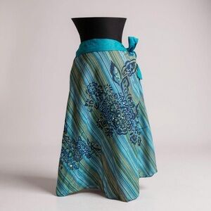 Sheesh Collections Turquoise Striped Cotton Wrap Skirt Medium